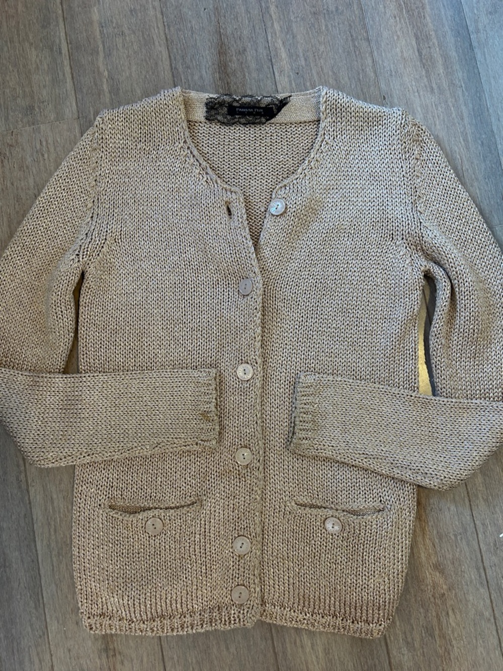 Patrizia Pepe Gold Button-Up Cardigan shimmery front pockets made in Italy small